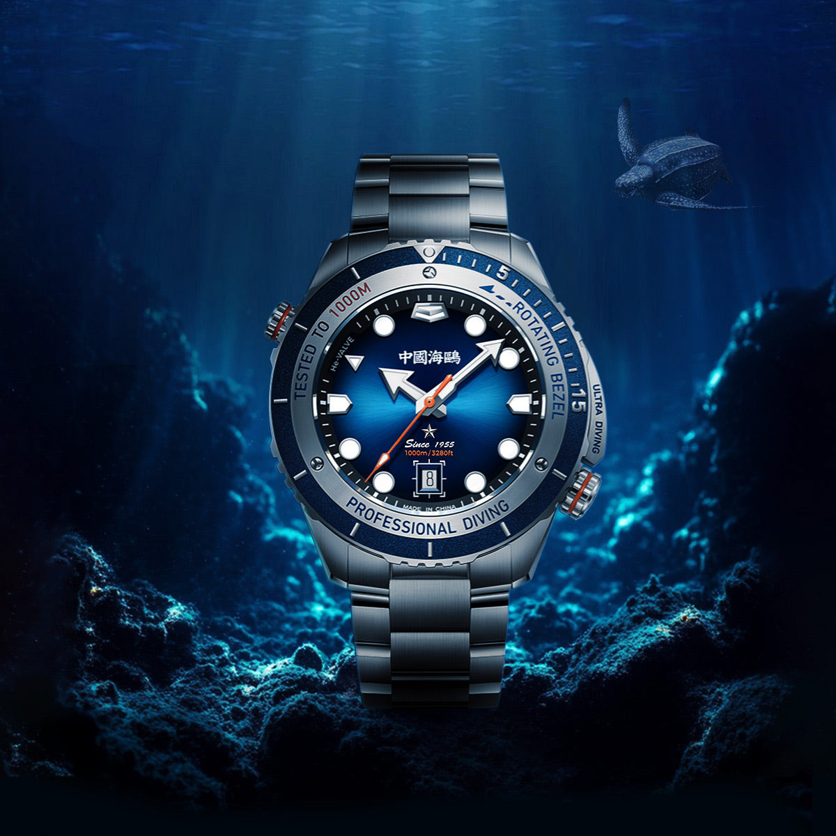 Ocean Series Ultra 1000m Waterproof Helium Valve Design Integrated Rotating Bezel Diving Watch 45mm