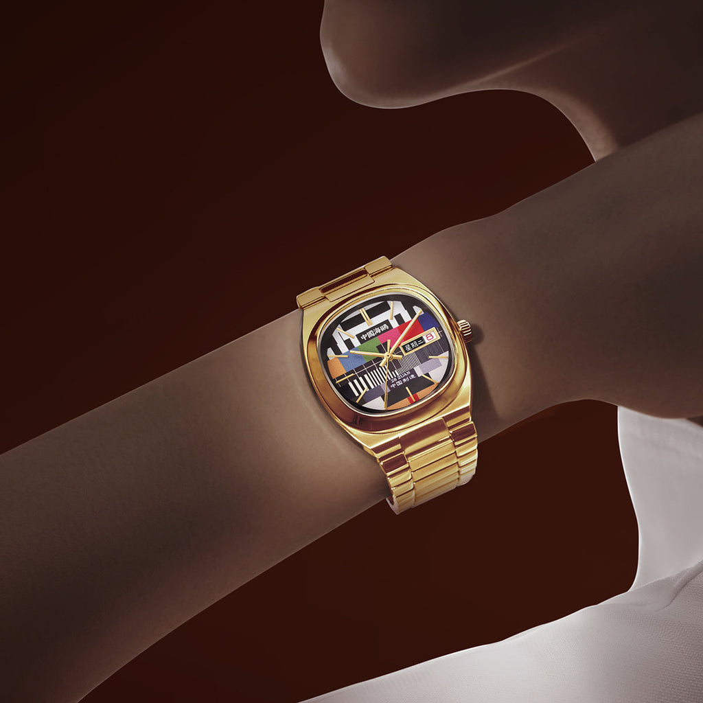 Golden Tonneau Case TV Dial Day-date Calendar Couple's Watch 34mm/30mm